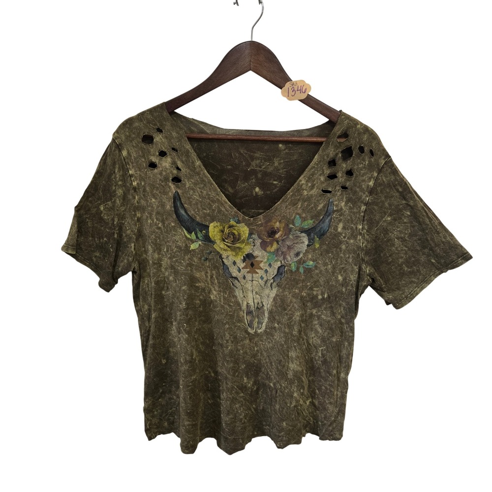 Womens Acid Wash Steer Skull Floral Graphic T-Shirt Distressed V-Neck Olive GR